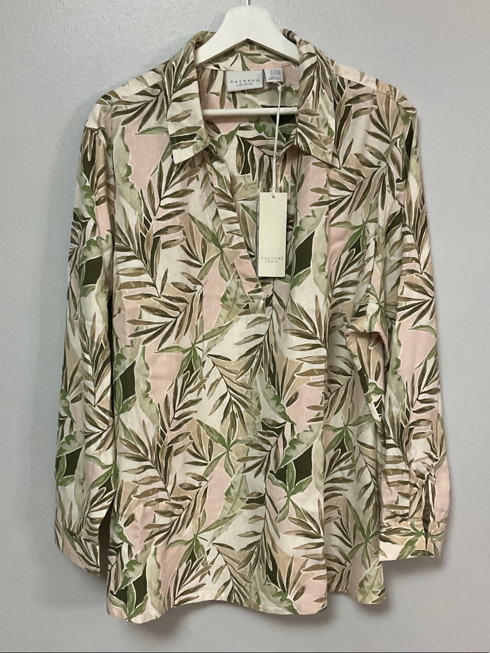 NWT Calypso St Barth Plus 3X Linen Palm Print Button Back Tunic Blouse